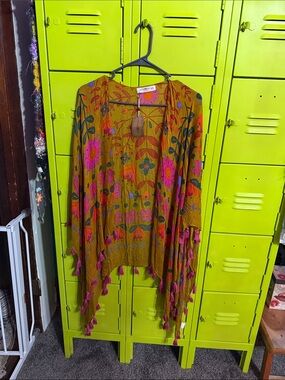 NATURAL LIFE Mustard Floral Kimono with Pink & Orange Accents